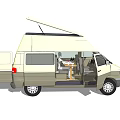 Camper Van With Pop-up Roof Open Doors And Interior Dining Table Seats