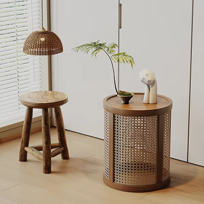 Modern Rattan Round Side Table With Natural Plant And Decorative Figurine 3d model