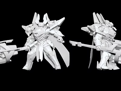 White 3D Mecha Model With Intricate Armor And Weapons Two Views 3d model