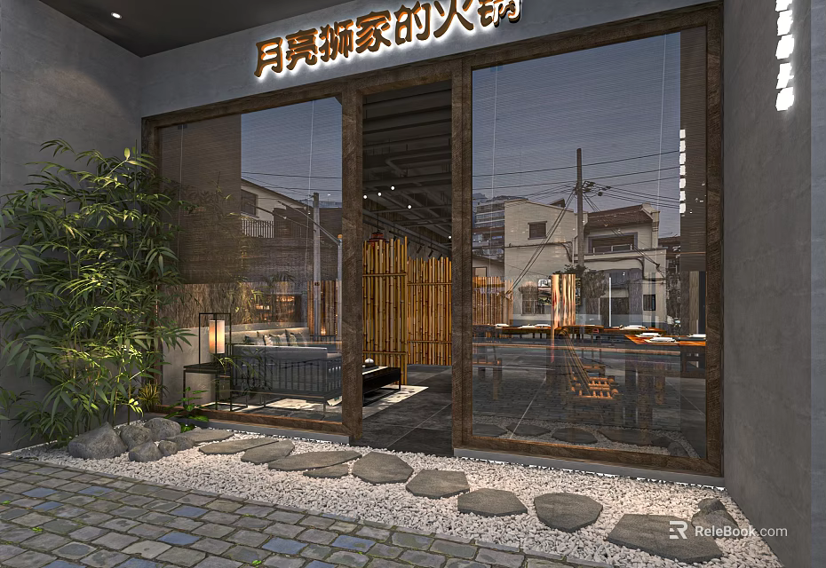 Modern Hotpot Restaurant Storefront With Glass Doors Bamboo Plants And Stone Path 3d model 