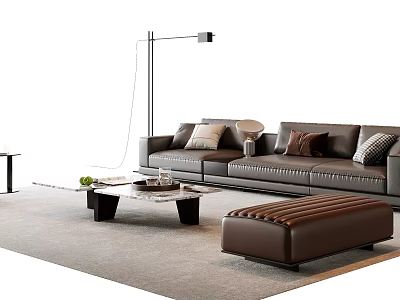 Elegant Modern Leather Sofa And Coffee Table Set With Marble Top Ottoman And Area Rug 3d model