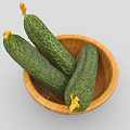 Three Fresh Green Cucumbers Placed in Wooden Bowl as Healthy Vegetables