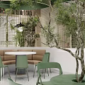 Elegant Modern Restaurant Interior With Green Plants Round Pendant Lights White Bar And Green Chairs