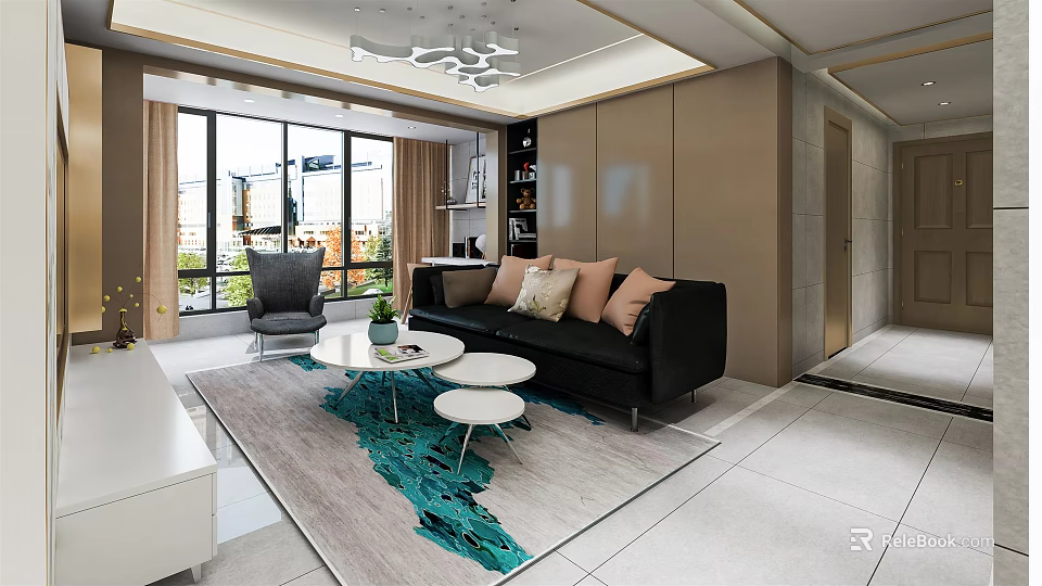 Modern Living Room Interior Design With Black Sofa Gray Accent Chair And Teal Rug 3d model 