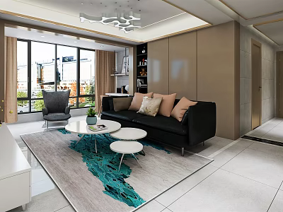 Modern Living Room Interior Design With Black Sofa Gray Accent Chair And Teal Rug 3d model