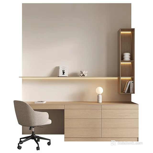 Modern Light Wooden Desk With Gray Chair Floating Shelf Table Lamp And Books 3d model 