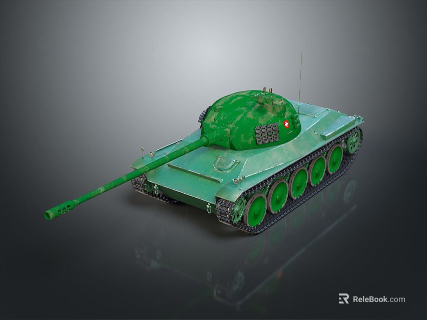 Green Military Tank Model with Turret Long Cannon and Metal Tracks 3d model 