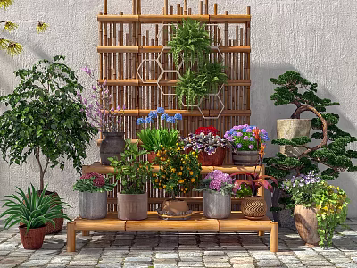 Creative Garden Decor Featuring Bamboo Shelf And Colorful Potted Plants 3d model