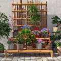 Creative Garden Decor Featuring Bamboo Shelf And Colorful Potted Plants