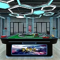 Modern Billiard Table Setup In Stylish Interior With Hexagonal LED Lighting And City View Windows 3d model