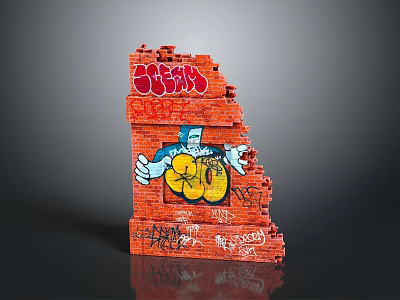 Red Brick Wall Featuring Colorful Graffiti Blue Cartoon Character And Yellow Objects 3d model