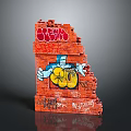 Red Brick Wall Featuring Colorful Graffiti Blue Cartoon Character And Yellow Objects