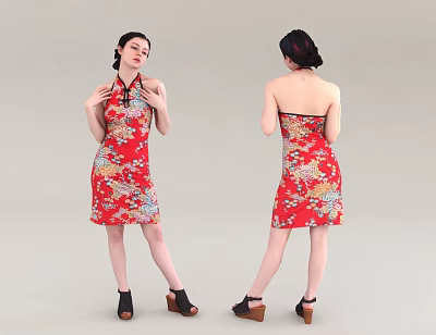 Woman in Red Qipao with Floral Patterns Braided Hairstyle and Black Shoes Front Back Views 3d model