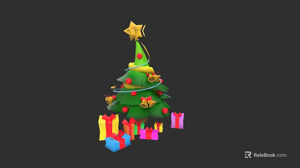 Christmas Ornament Set With Tree Golden Star Bells Red Balls And Colorful Gifts 3d model 