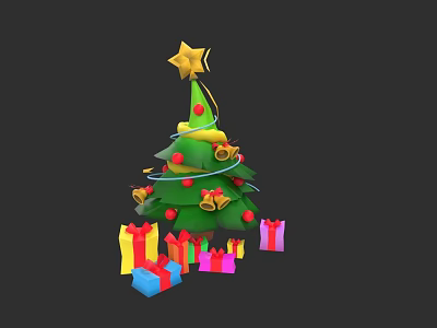 Christmas Ornament Set With Tree Golden Star Bells Red Balls And Colorful Gifts 3d model