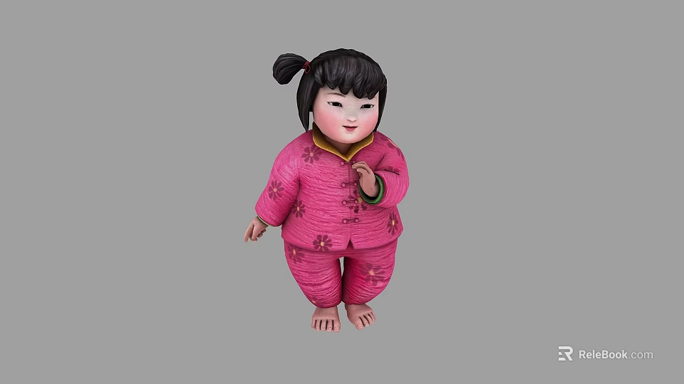 Little girl in pink traditional floral outfit with bun hairstyle and barefoot against gray background 3d model 