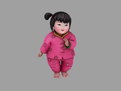 Little girl in pink traditional floral outfit with bun hairstyle and barefoot against gray background 3d model