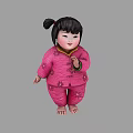 Little girl in pink traditional floral outfit with bun hairstyle and barefoot against gray background