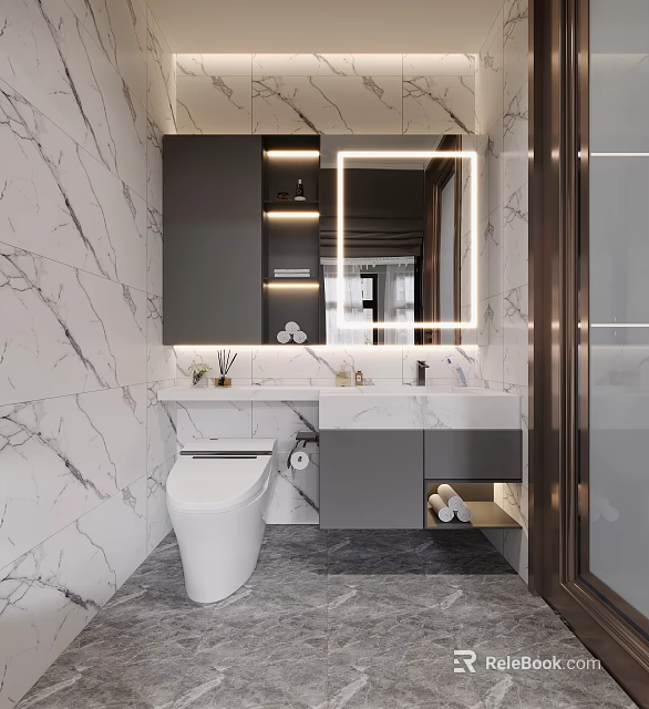Modern Bathroom Interior With Marble Walls Backlit Mirror Gray Cabinets And Vanity 3d model 