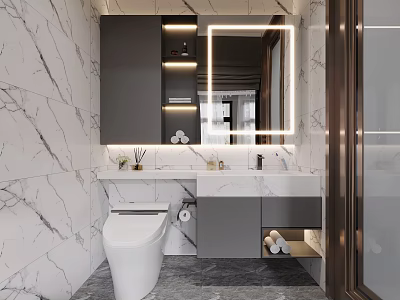 Modern Bathroom Interior With Marble Walls Backlit Mirror Gray Cabinets And Vanity 3d model
