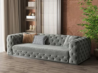 Gray Tufted Multi Person Sofa With Brown Checkered Cushions And Wooden Floor 3d model