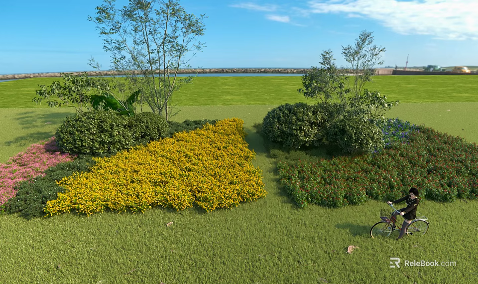 Lush Coastal Garden Landscape With Colorful Ornamental Plants Spacious Green Lawn And Outdoor Leisure Space 3d model 