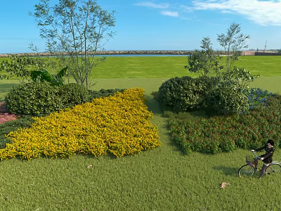 Lush Coastal Garden Landscape With Colorful Ornamental Plants Spacious Green Lawn And Outdoor Leisure Space 3d model