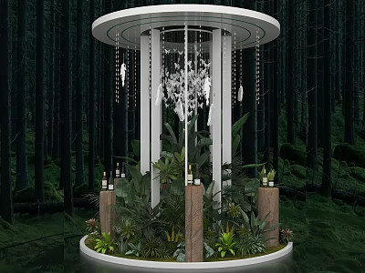 Lush Flower And Plant Display In Circular White Pavilion With Forest Setting 3d model