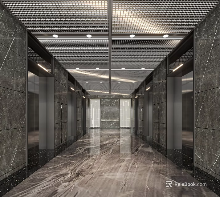 Elegant Modern Elevator Lobby Design With Polished Marble Floor Metal Doors And Ambient Ceiling Lights 3d model 