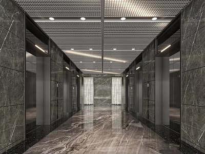 Elegant Modern Elevator Lobby Design With Polished Marble Floor Metal Doors And Ambient Ceiling Lights 3d model