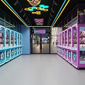 Fun Amusement Park Featuring Neon Sign Claw Machines Counter And Blue Pink Decor