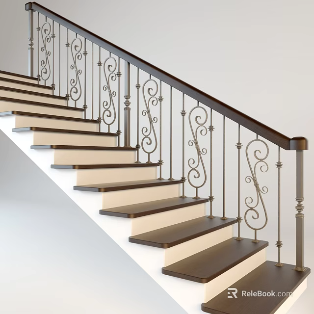 Elegant Staircase with Wooden Steps Ornate Metal Railings and Decorative Scroll Patterns 3d model 