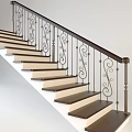 Elegant Staircase with Wooden Steps Ornate Metal Railings and Decorative Scroll Patterns