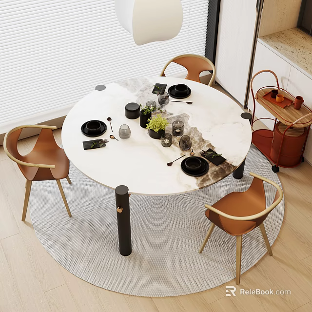 Round Marble Top Dining Table Set With Brown Leather Chairs And Metal Legs 3d model 