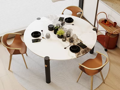 Round Marble Top Dining Table Set With Brown Leather Chairs And Metal Legs 3d model