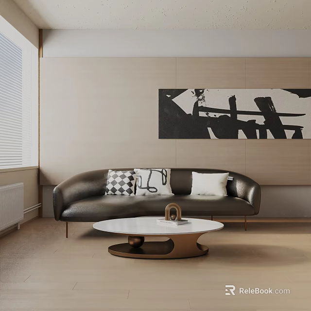 Modern Living Room Three Seater Sofa With Checkered Plain Pillows Coffee Table And Abstract Painting 3d model 