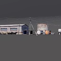 Industrial Area with Warehouse Oil Tank Storage Tanks Railway Wagons Crane and Power Poles