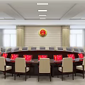 Modern Conference Room With Circular Table Red Signs Beige Chairs Ceiling Lights And Wall Emblem
