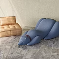 Stylish Single Seater Sofas Including Beige Square Cushioned and Blue Bear Shape with Red Collar 3d model