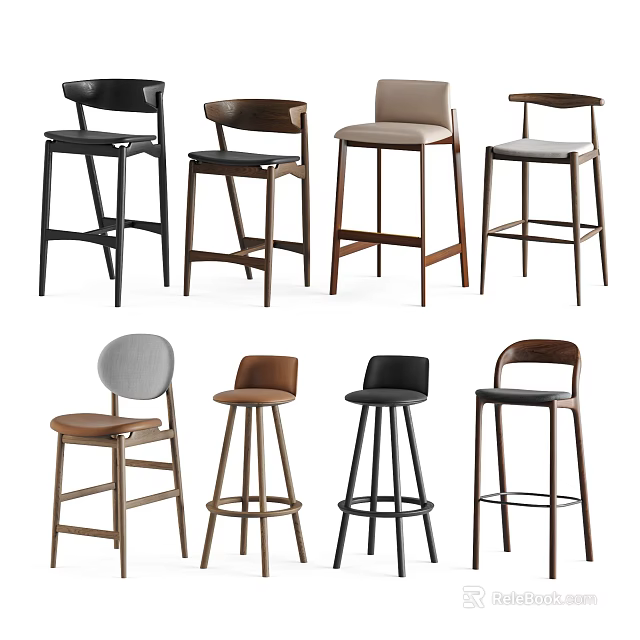 Modern Bar Stools With Various Designs Wooden Frames And Different Colors 3d model 