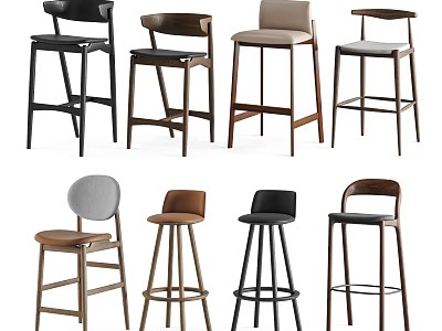 Modern Bar Stools With Various Designs Wooden Frames And Different Colors 3d model
