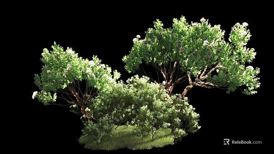 Lush Green Bushes With White Flowers And Dense Foliage On Grassy Base 3d model 