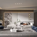 Modern Living Room Interior With White Sofa Area Rug Decorative Painting And Blue Stools