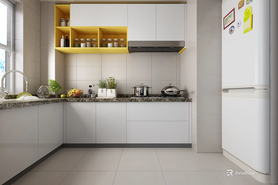 Modern Kitchen Interior With White And Yellow Cabinets And Granite Countertop 3d model 