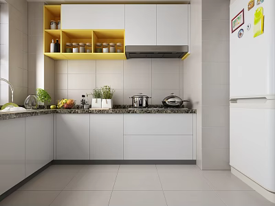 Modern Kitchen Interior With White And Yellow Cabinets And Granite Countertop 3d model