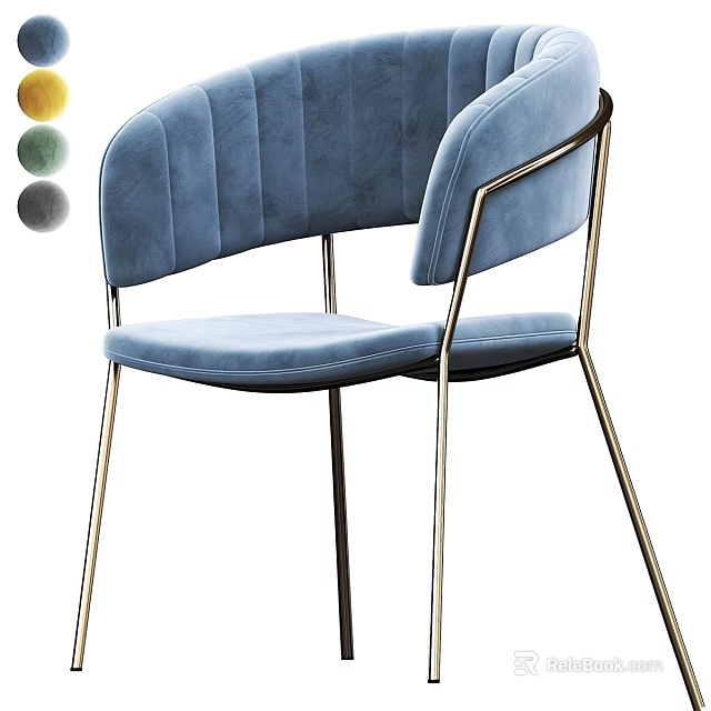 Modern Stylish Velvet Upholstered Blue Stool With Gold Metal Frame And Curved Backrest 3d model 