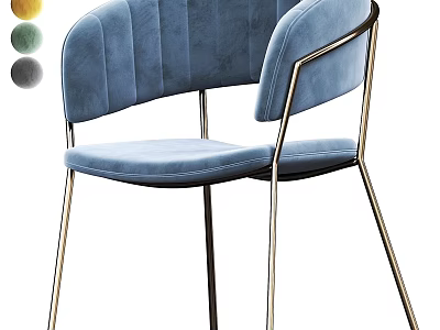 Modern Stylish Velvet Upholstered Blue Stool With Gold Metal Frame And Curved Backrest 3d model