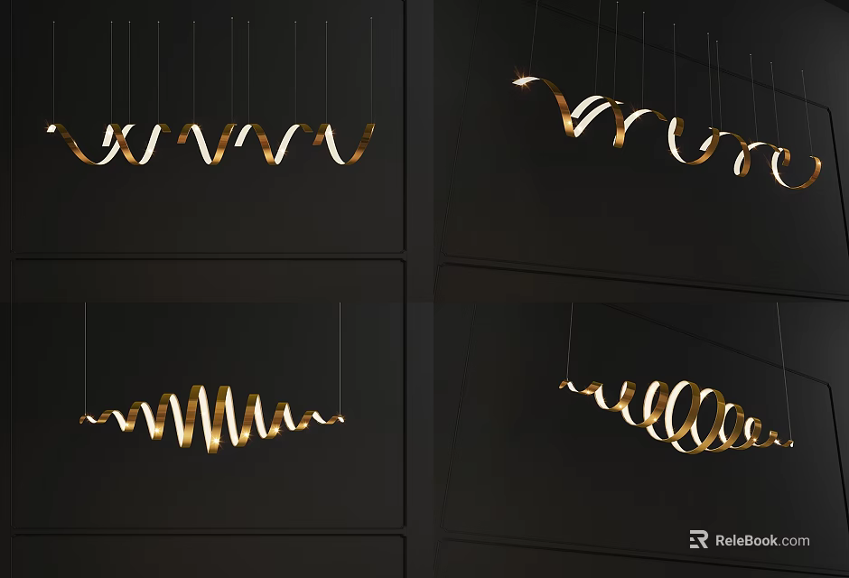 Modern Interior Design With Golden Curved Wavy Chandelier On Black Background 3d model 