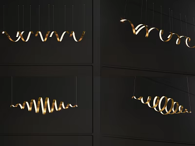 Modern Interior Design With Golden Curved Wavy Chandelier On Black Background 3d model