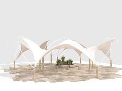 Modern White Canopy Structure With Wooden Posts Stone Paved Floor And Potted Plants 3d model